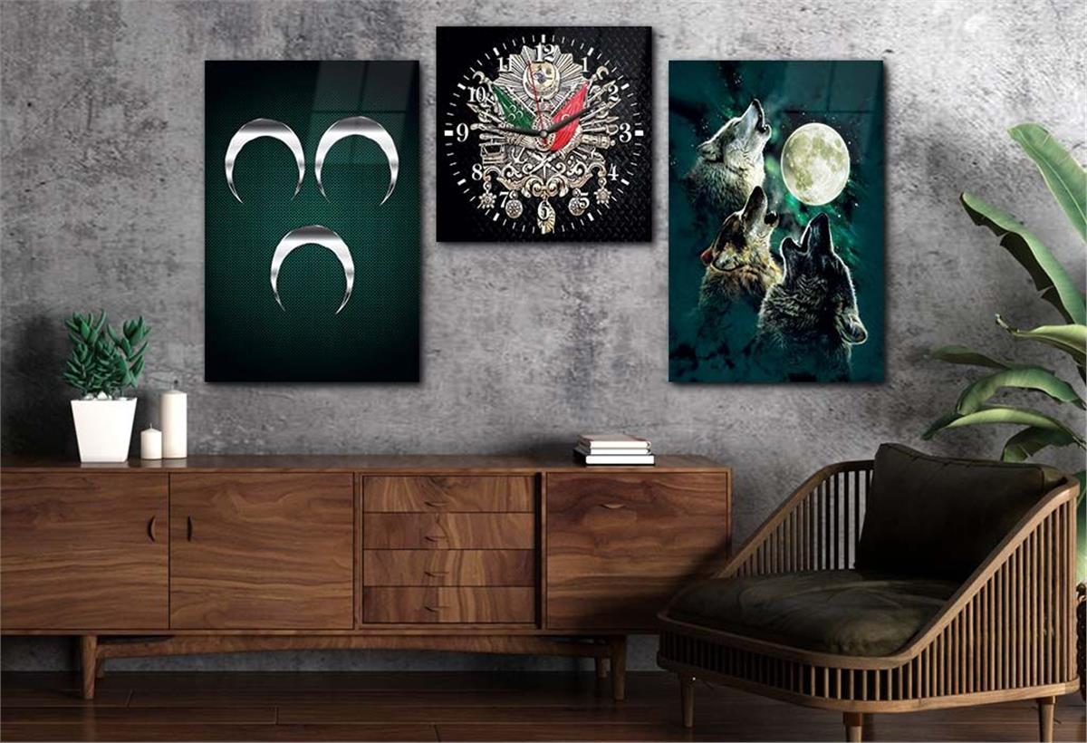 Ottoman State Coat of Arms and Three Crescent and Gray Wolf Tempered Glass Wall Art Set with Clock