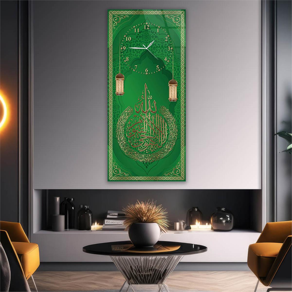 Vertical Religious Themed Glass Wall Art with Clock at the Top  049