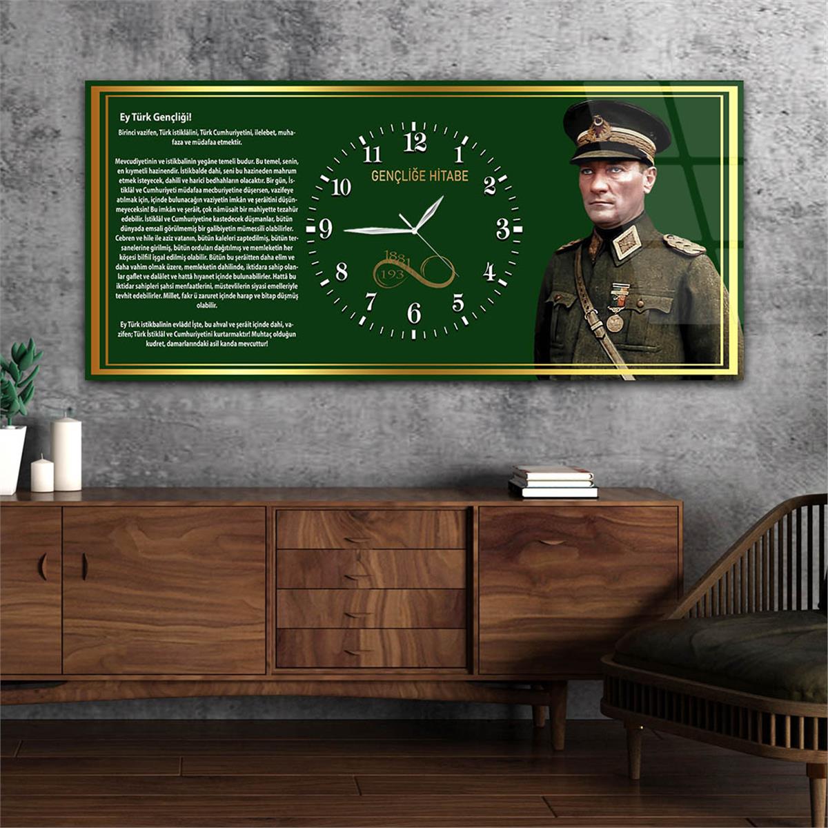 Askeri Mustafa Kemal Atatürk ve Gençliğe Hitabesi Saatli Cam Tablo 039