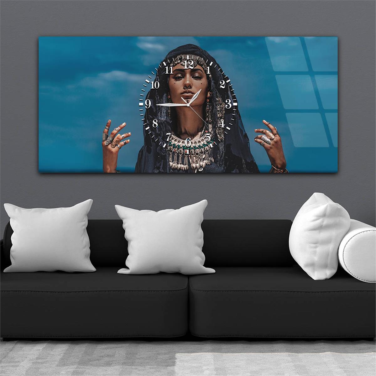Yatay Ortadan Saatli  Sanat ve Doğa Temalı Cam Tablo 041