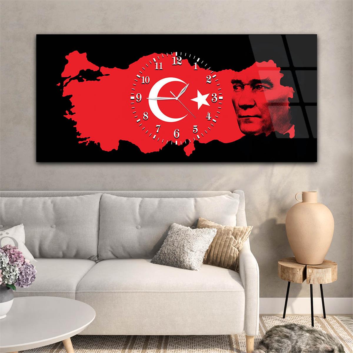 Türkiye Haritası Üzerinde Türk Bayrağı ve Atatürk Saatli Cam Tablo 061