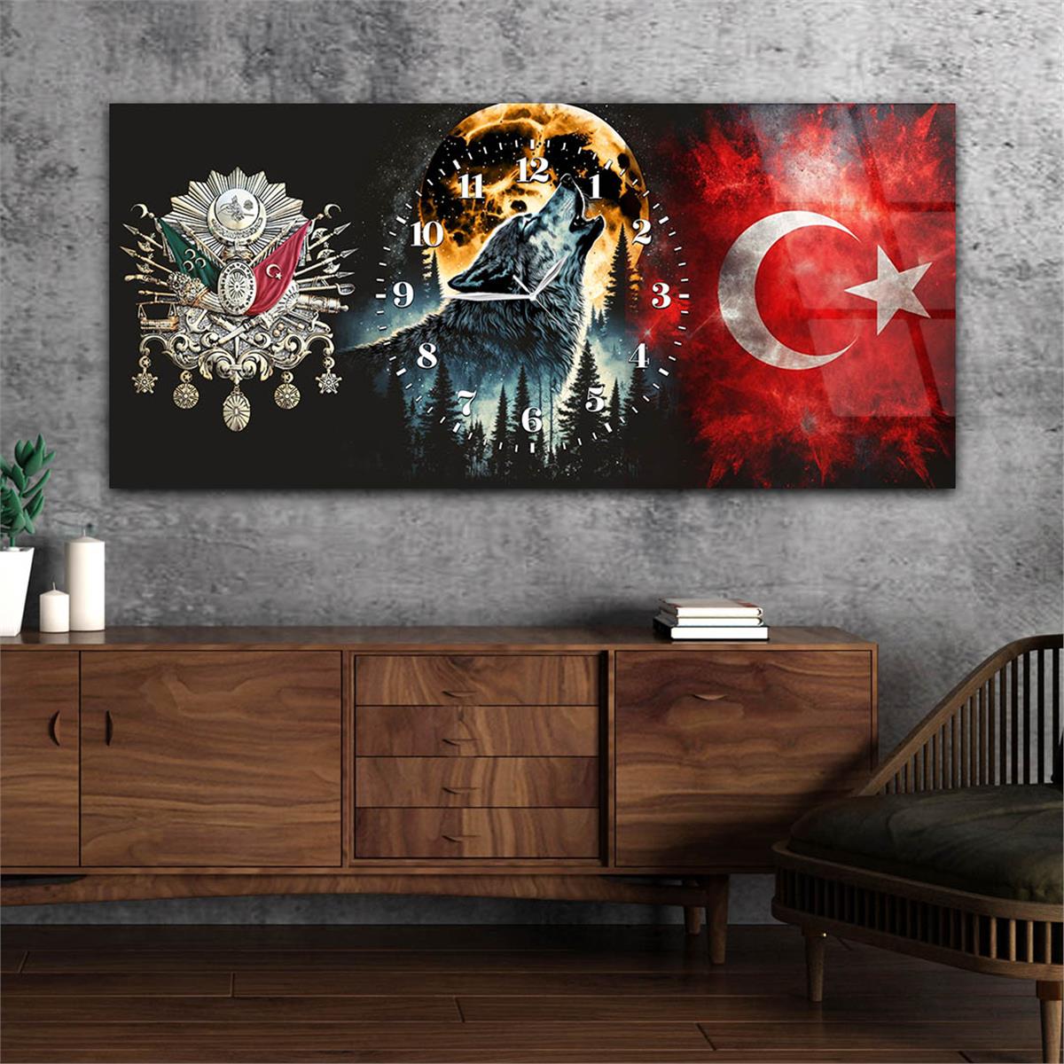 Yatay Saatli Ortadan Vatan Temalı Cam Tablo 159