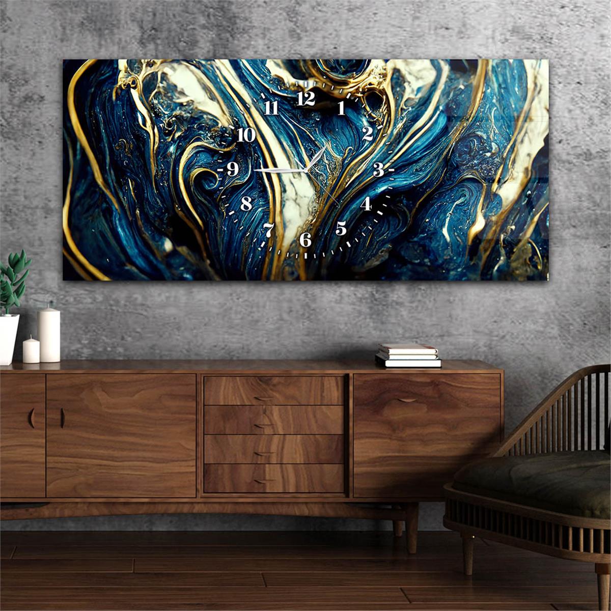 Mavi ve Gold Soyut Görselli Sanatsal Saatli Cam Tablo