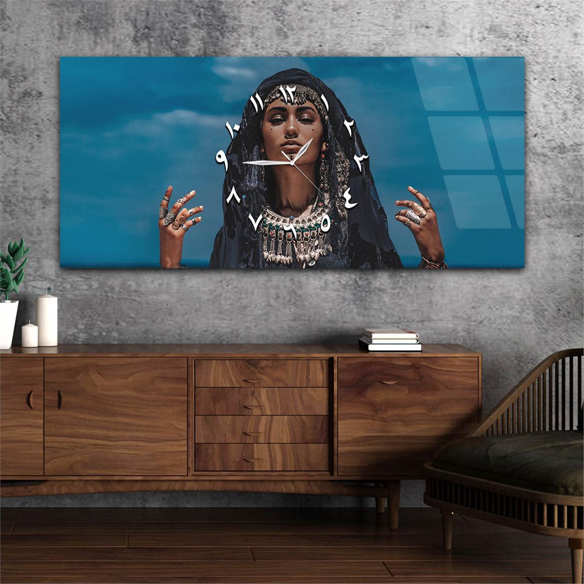 Yatay Ortadan Saatli  Sanat ve Doğa Temalı Cam Tablo 042