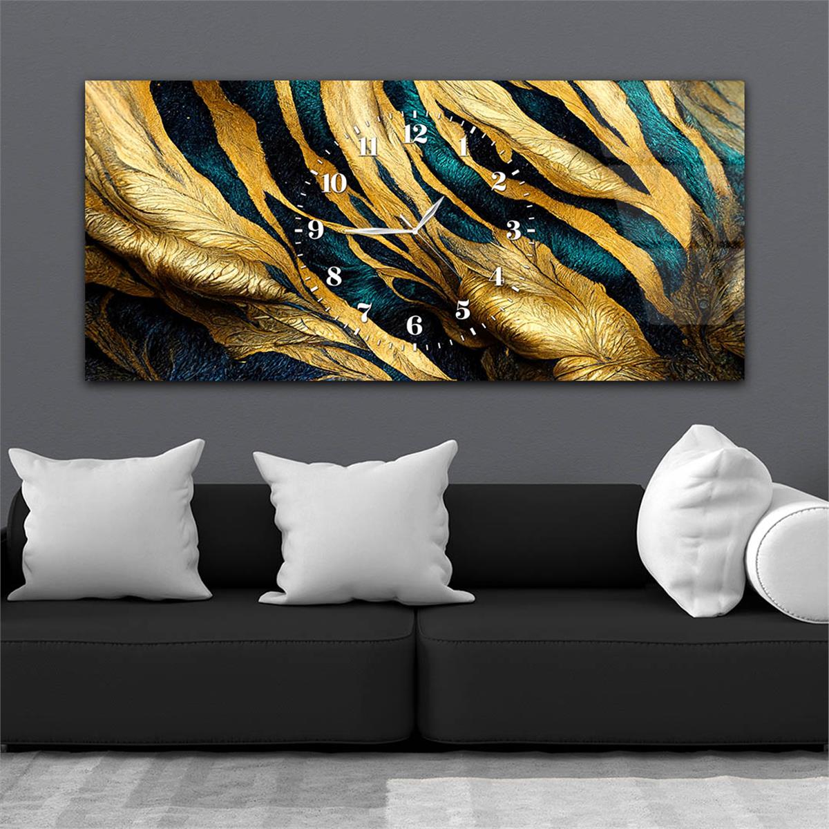 Gold ve Mavi Renkli, Çizgi ve Yaprak Desenli Saatli Cam Tablo