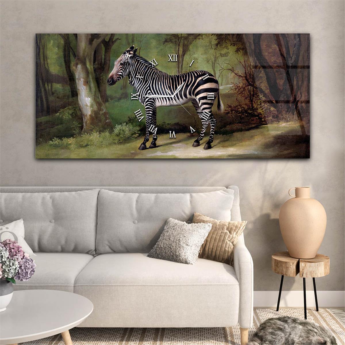 Yatay Ortadan Saatli  Sanat ve Doğa Temalı Cam Tablo 017