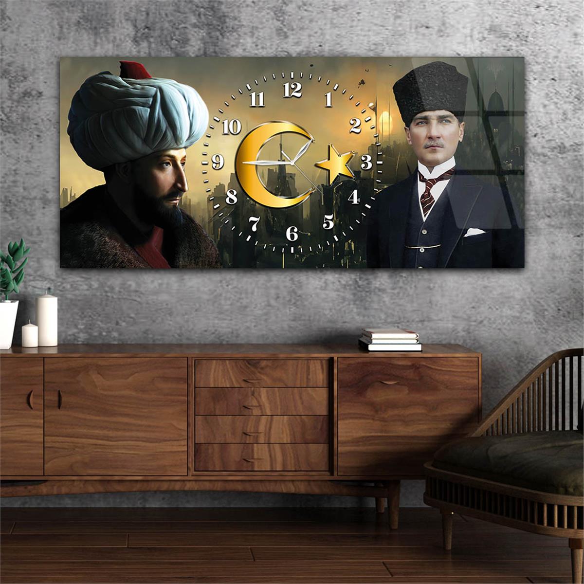 Yatay Saatli Ortadan Vatan Temalı Cam Tablo 157