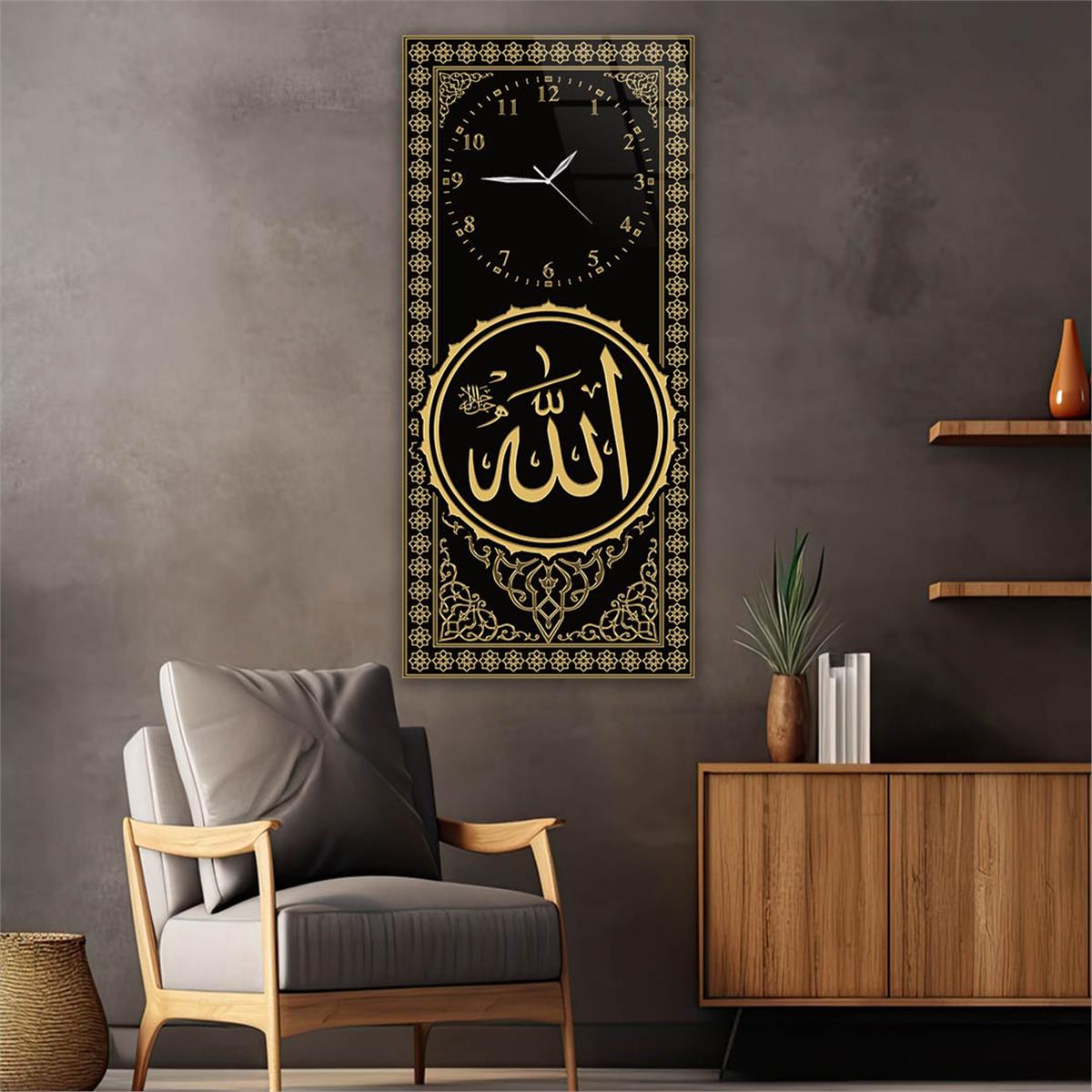 Dikey Üstten Saatli Dini Temalı Cam Tablo 010