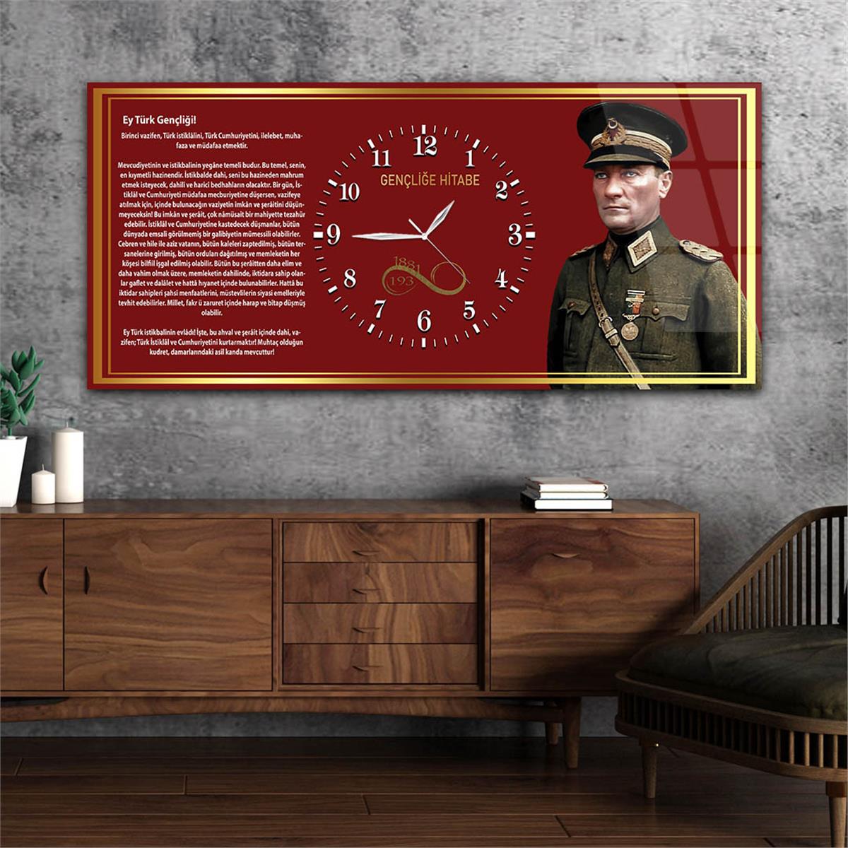 Mustafa Kemal Atatürk ve Gençliğe Hitabe Yatay Ortadan Saatli  Vatan Temalı Cam Tablo 037