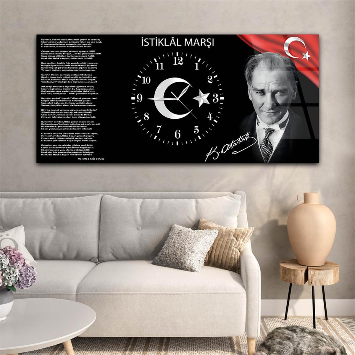 Yatay Ortadan Saatli  Vatan Temalı Cam Tablo 014