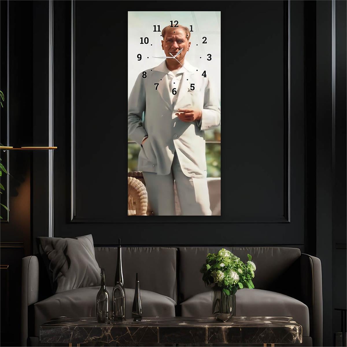 Dikey Üstten Saatli Vatan Temalı Cam Tablo 016