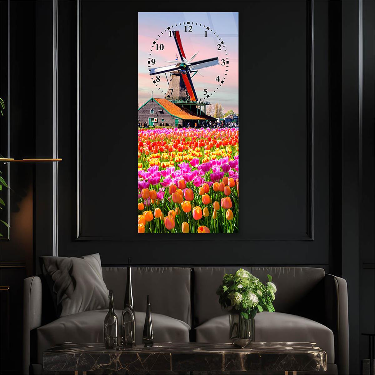 Dikey Üstten Saatli Sanat Temalı Cam Tablo 038