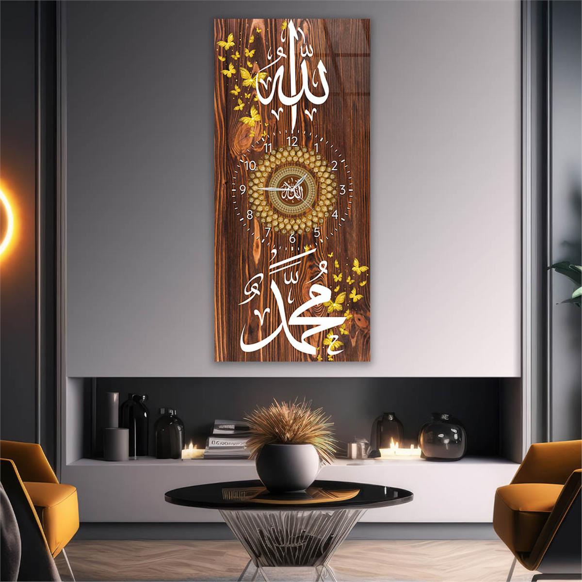 Vertical Religious Themed Glass Wall Art with Clock at the Center 018