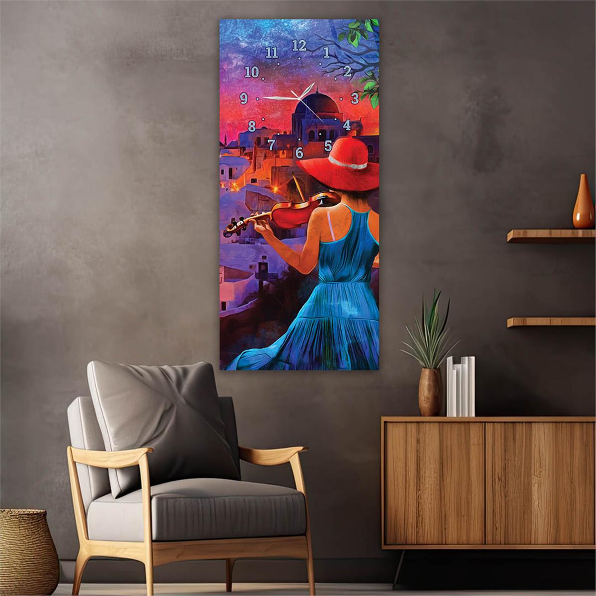 Dikey Üstten Saatli Sanat Temalı Cam Tablo 052