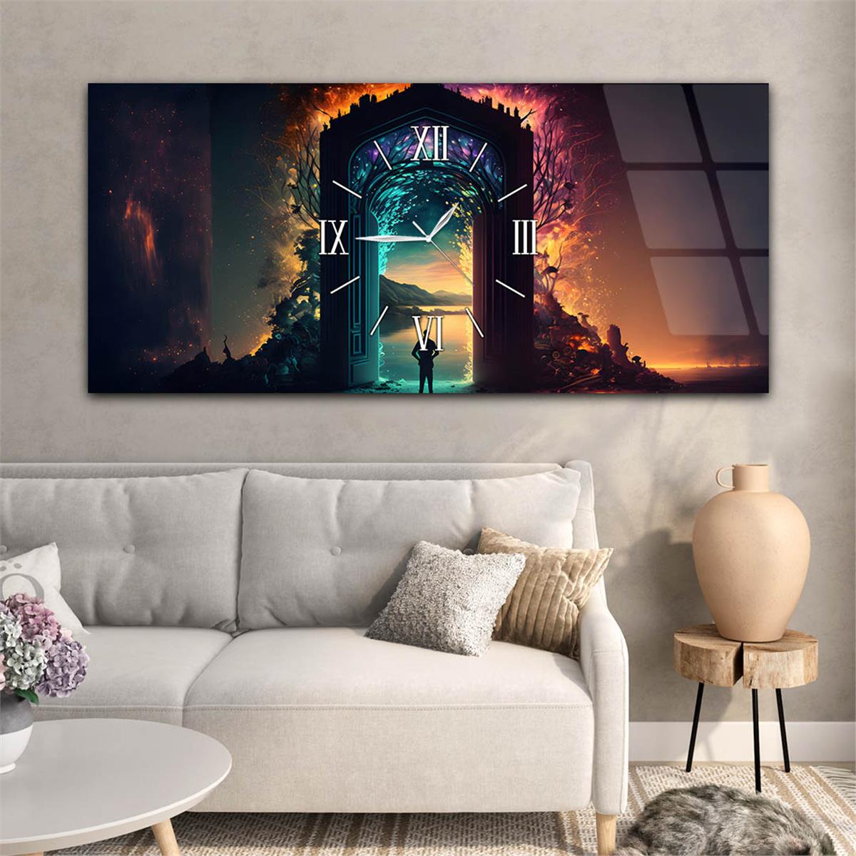 Horizontaal, in Het Midden Voorzien Van Een Klok, Kunst En Natuur Thema Gehard Glasschilderij 109