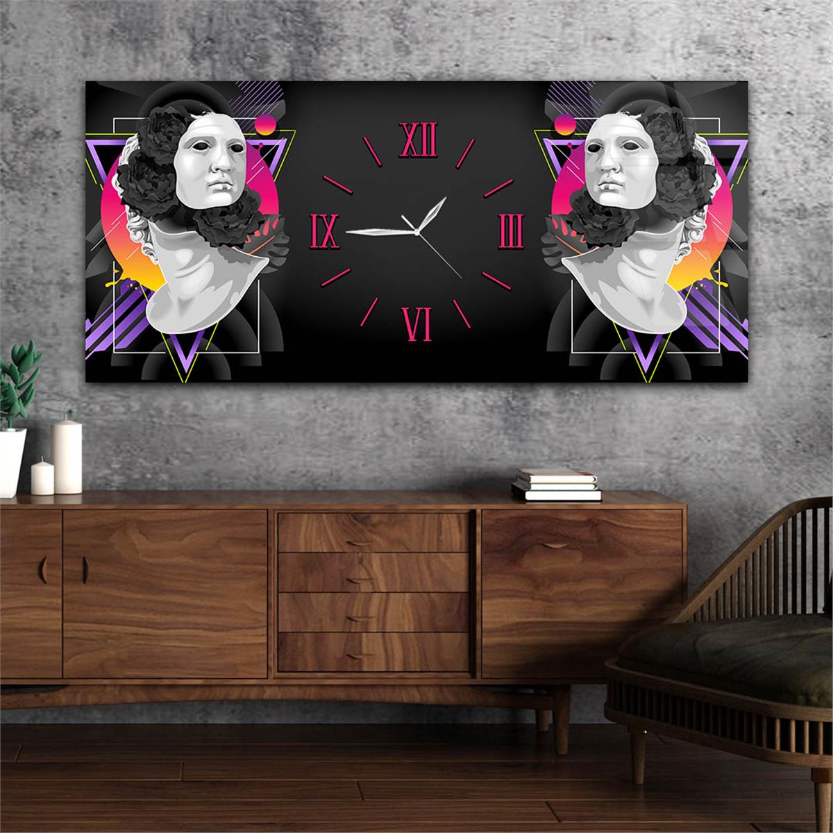 Yatay Ortadan Saatli  Sanat ve Doğa Temalı Cam Tablo 094