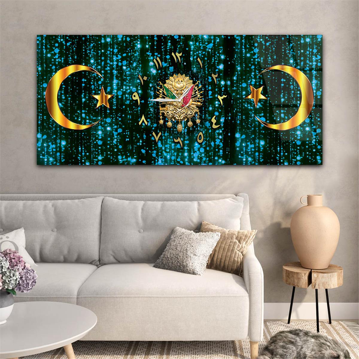 Mavi Zemin Üzerine Ayyıldız ve Osmanlı Tuğrası Saatli Cam Tablo 087