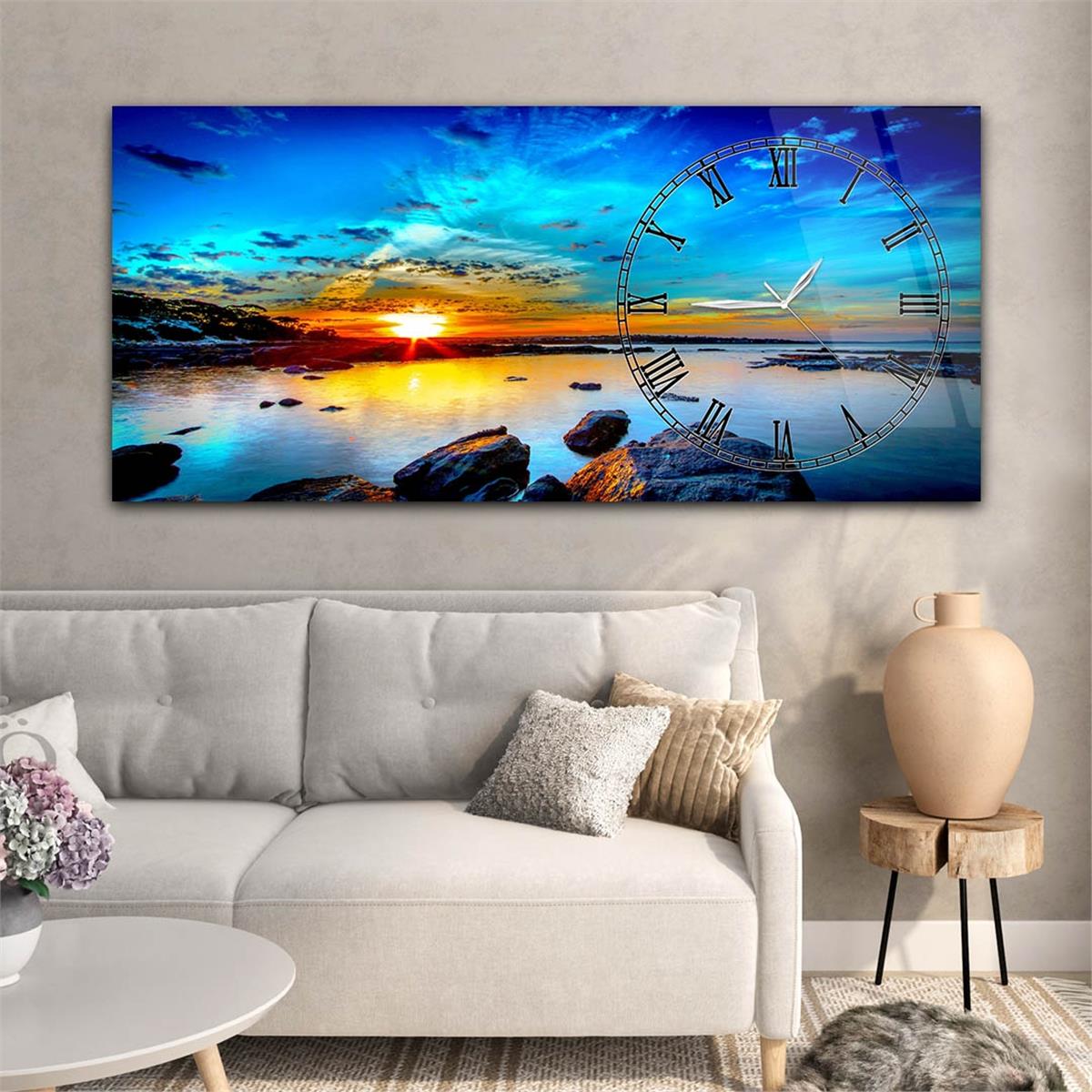 Yatay Saatli Yandan Sanat Temalı Cam Tablo 313