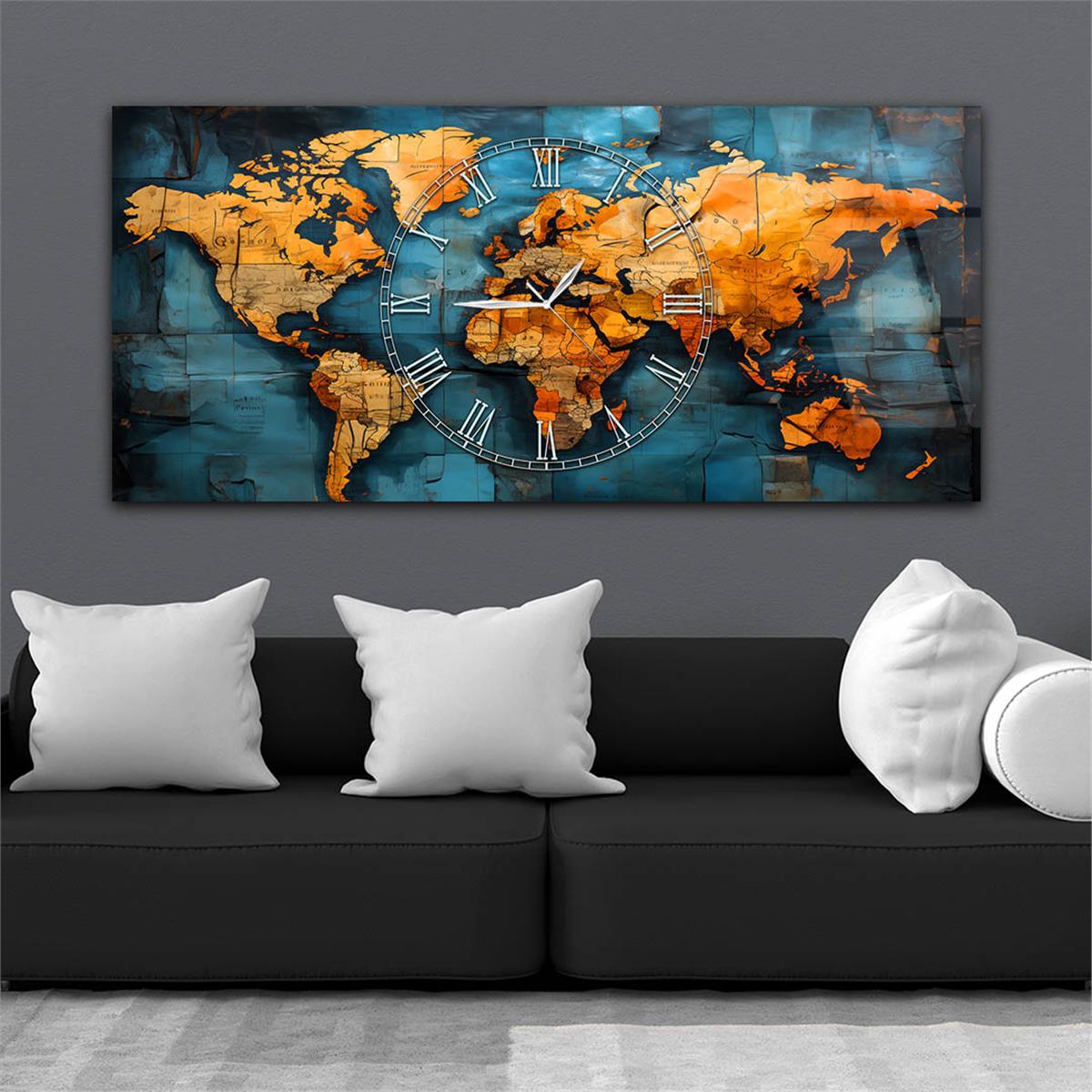 Şık ve Zarif: Mavi Zemin Üzerinde Roma Rakam Saatli Kahverengi Dünya Haritası Cam Tablo