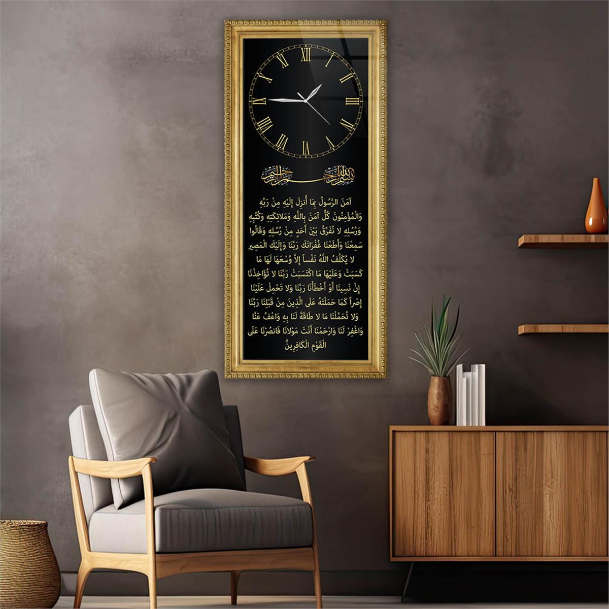Vertical Religious Themed Glass Wall Art with Clock at the Top  002