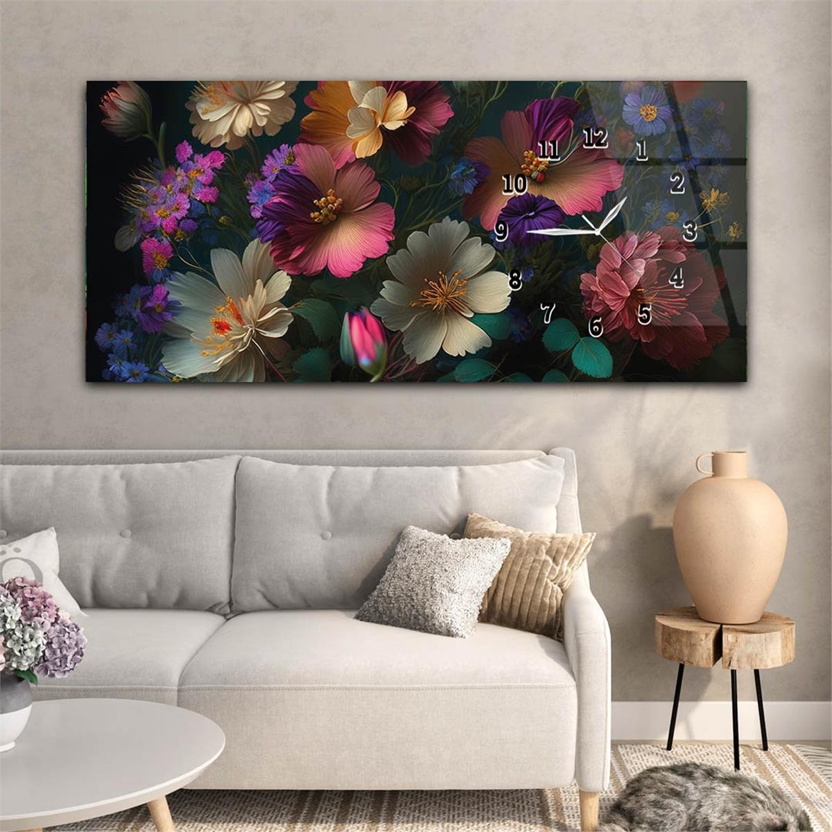 Mixed Floral Patterned Horizontaal, Aan De Zijkant Voorzien Van Een Klok, Kunst en Natuur Thema Gehard Glasschilderij 233