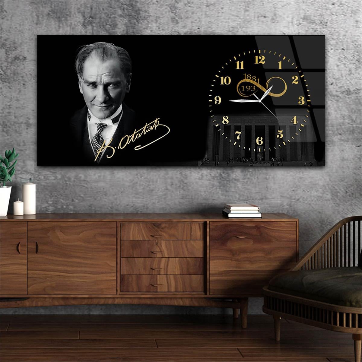 Yatay Saatli Yandan Vatan Temalı Cam Tablo 033