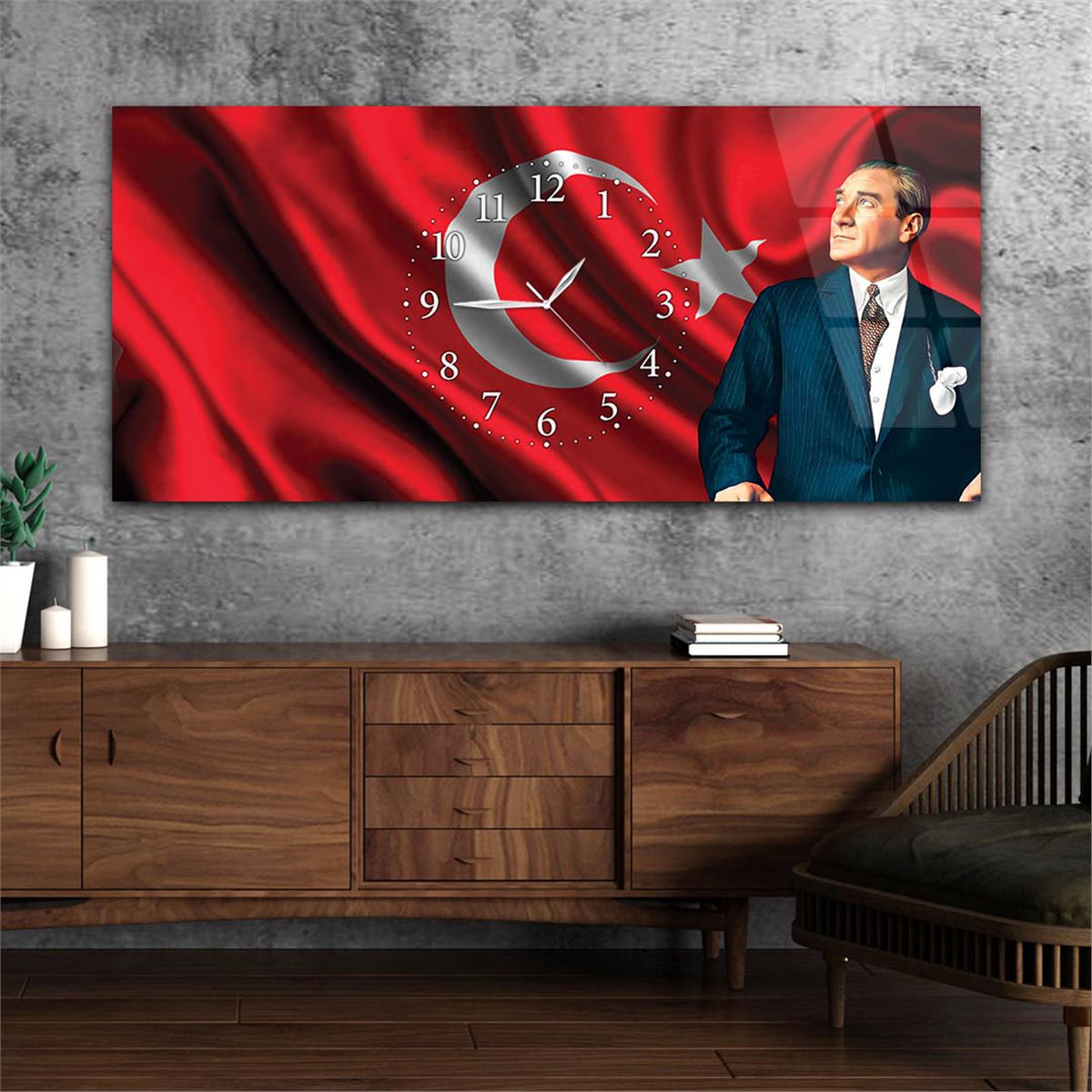 Ayyıldız Türk Bayrağı ve Atatürk Yatay Ortadan Saatli  Cam Tablo 084