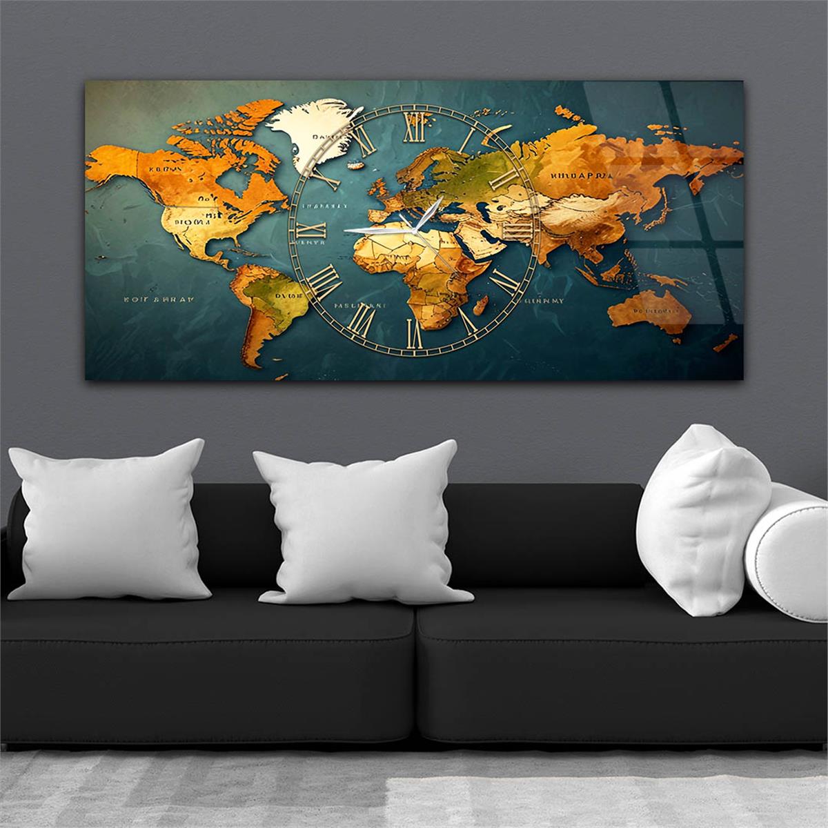 Yatay Saatli Ortadan Vatan Temalı Cam Tablo 117