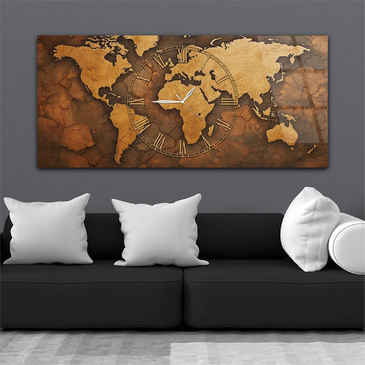 Yatay Saatli Ortadan Vatan Temalı Cam Tablo 115