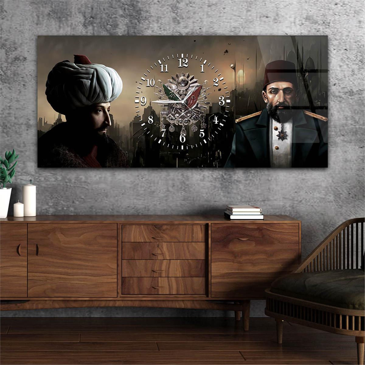 Fatih Sultan Mehmet Han Abdülhamit Han ve Osmanlı Tuğralı Saatli Cam Tablo 076