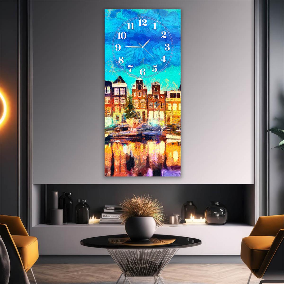Dikey Üstten Saatli Sanat Temalı Cam Tablo 039