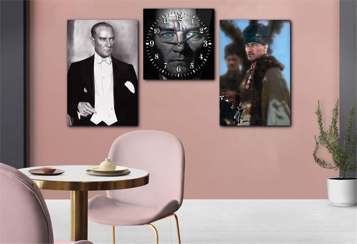 MUSTAFA KEMAL ATATÜRK Glass Wall Art Set with Clock