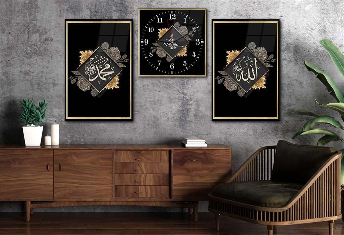 ALLAH C.C. MUHAMMED S.A.V İSMİ VE OSMALI TUĞRA GÖRSELLİ CAM TABLO CAM DUVAR SAATİ 