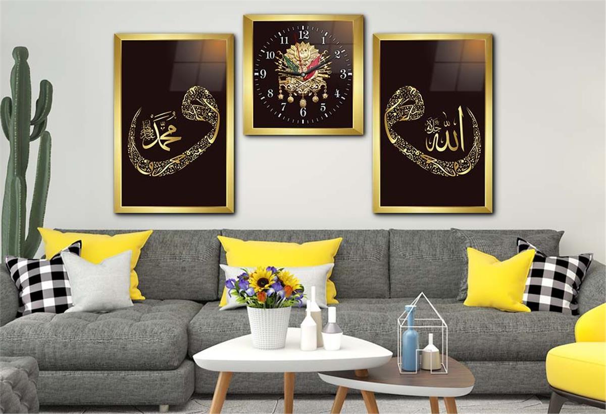 VAV İÇERİSİNDE ALLAH C.C İSMİ PEYGAMBER EFENDİMİZİN İSMİ VE OSMANLI DEVLET DEVLET ARMASI GÖRSELLİ CAM TABLO SAAT SETİ  