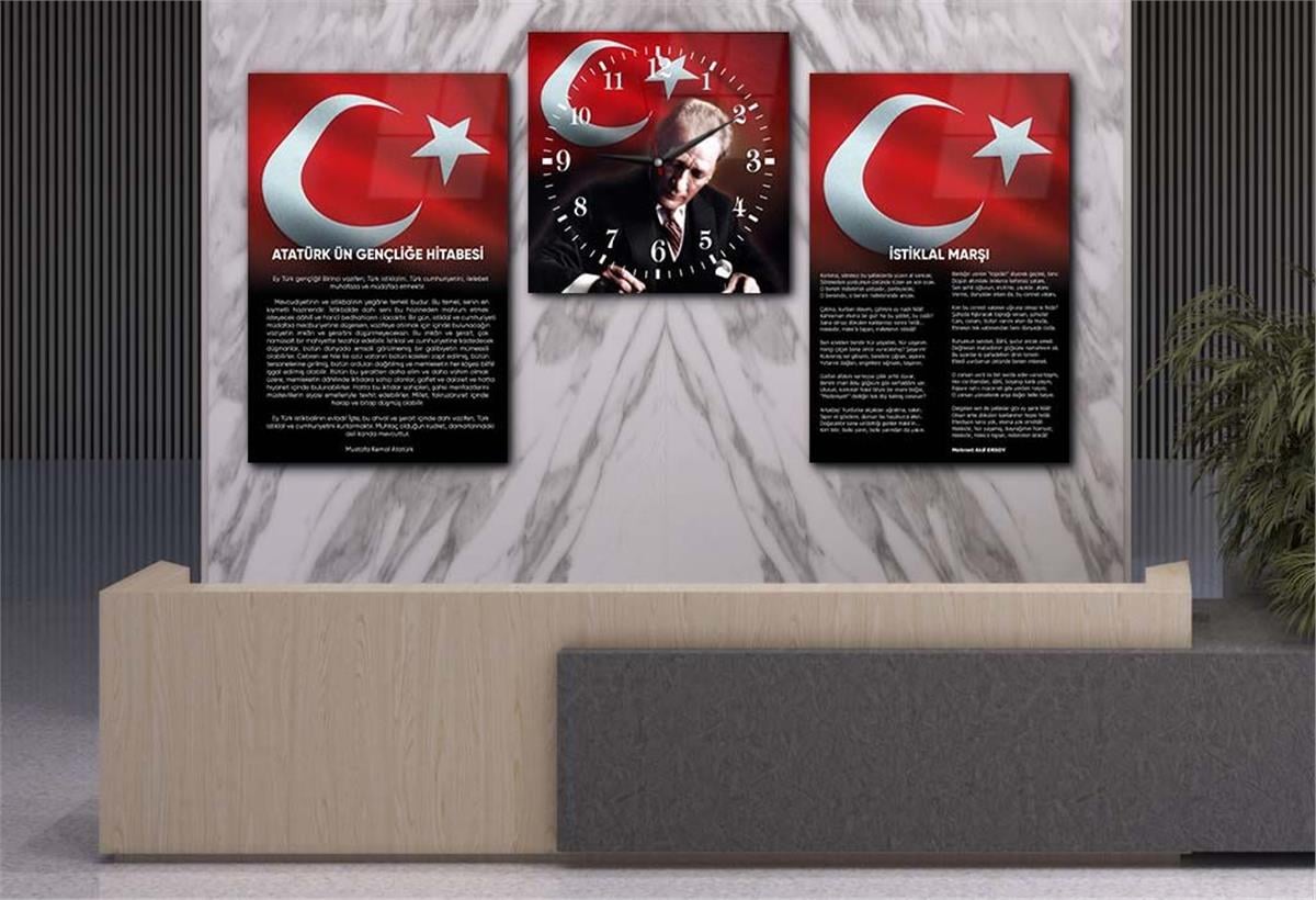 Atatürk and Independence March Glass Wall Art Set with Clock