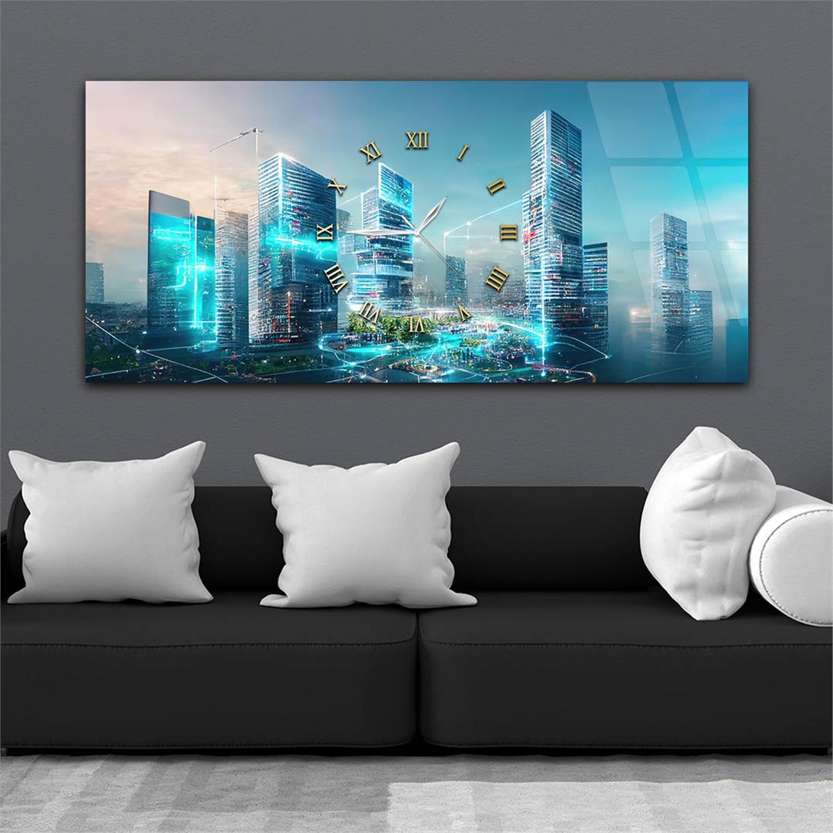 لوحة زجاجية أفقية ذات طابع فني و طبيعي مع ساعة في الوسط 047