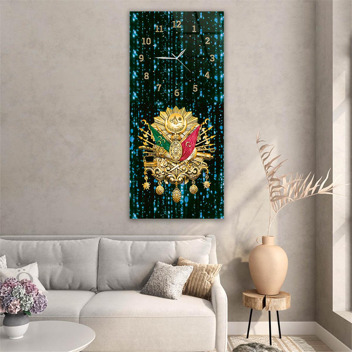 Dikey Üstten Saatli Vatan Temalı Cam Tablo 019