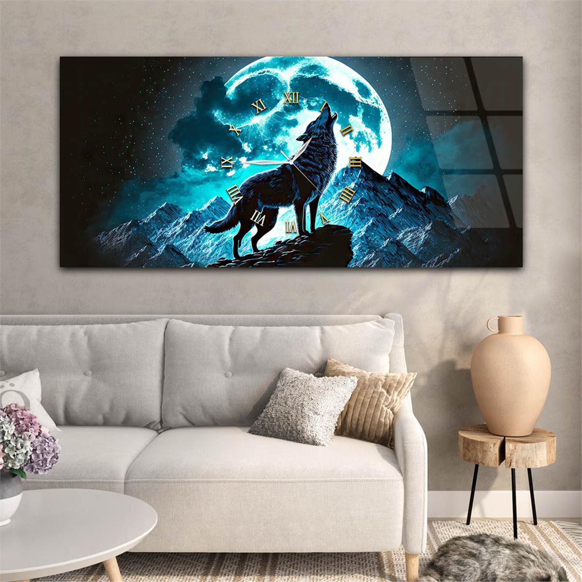 Yatay Ortadan Saatli  Sanat ve Doğa Temalı Cam Tablo 050