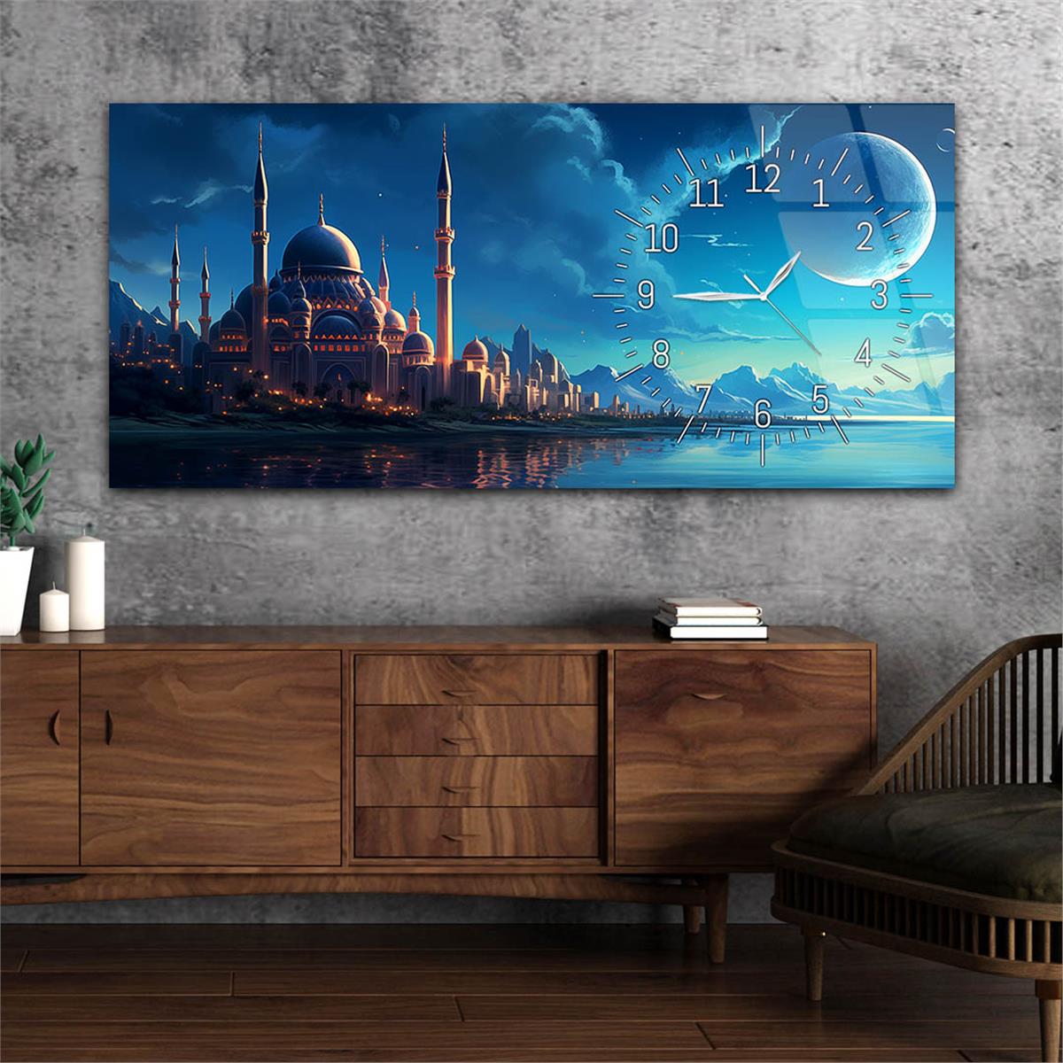 Yatay Saatli Yandan Dini Temalı Cam Tablo 079