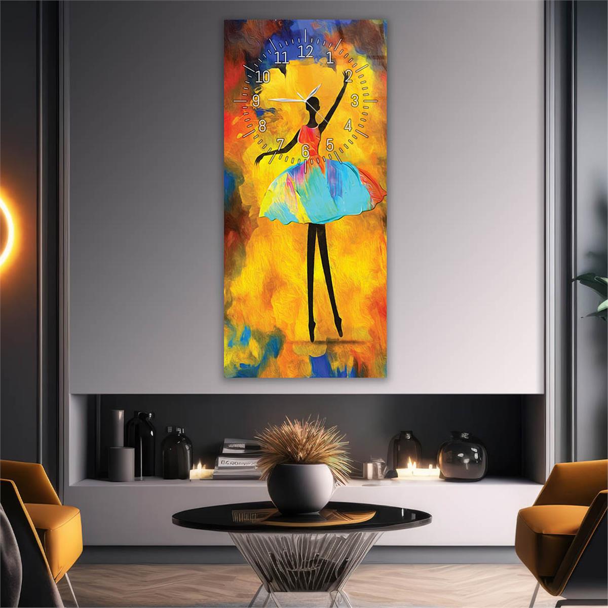 Dikey Üstten Saatli Sanat Temalı Cam Tablo 061