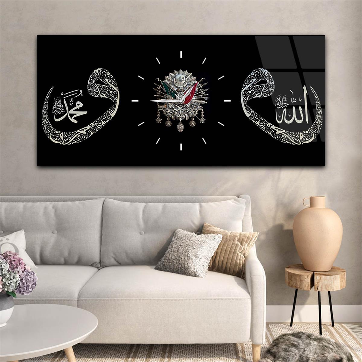 لوحة زجاجية أفقية ذات طابع ديني مع ساعة في الوسط 097