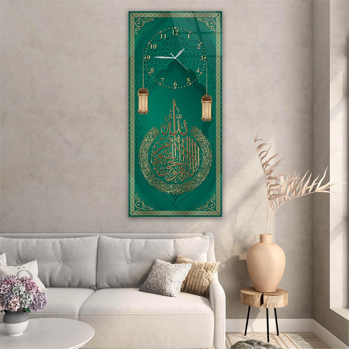 Vertical Religious Themed Glass Wall Art with Clock at the Top  050