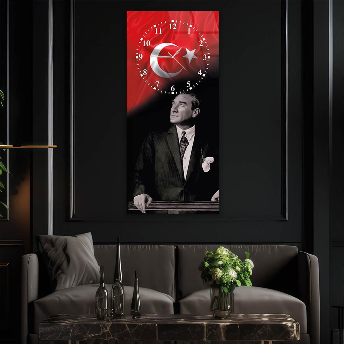 Vertical National Themed Glass Wall Art with Clock at the Top 007