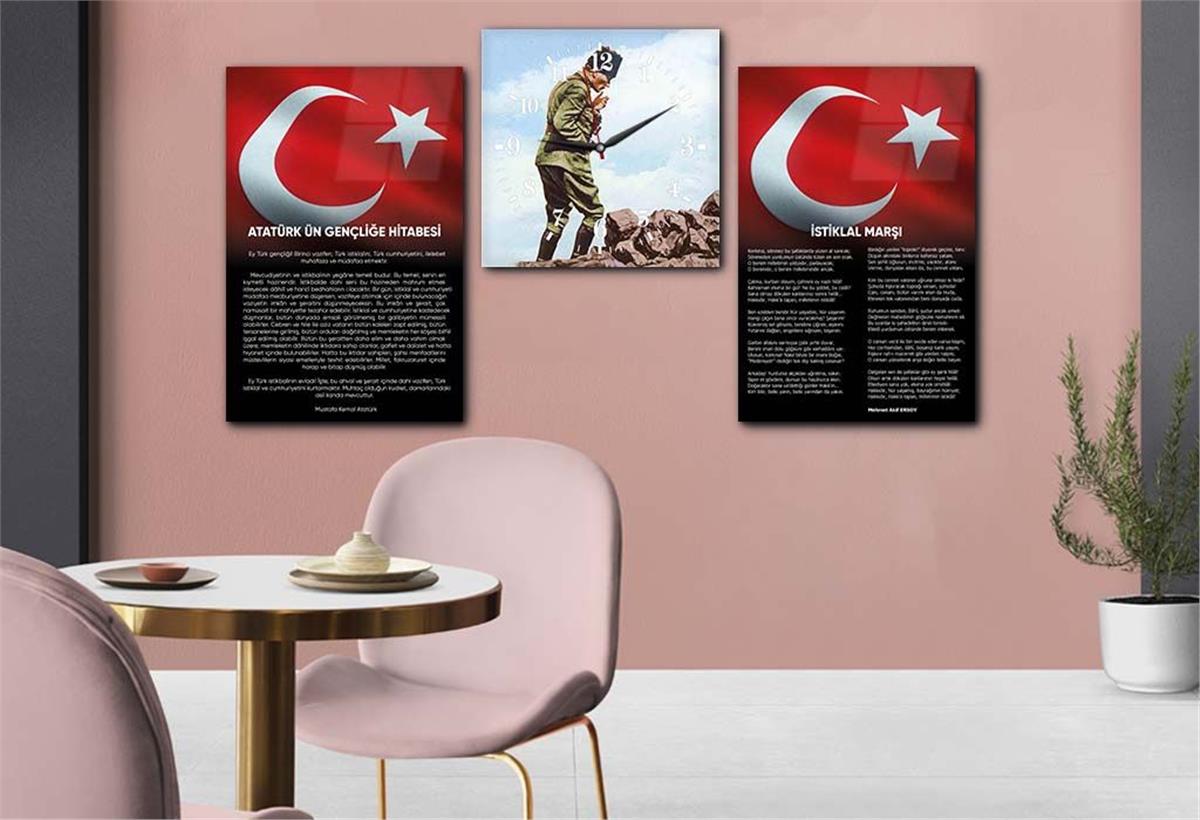 Atatürk and Independence March Glass Wall Art Set with Clock