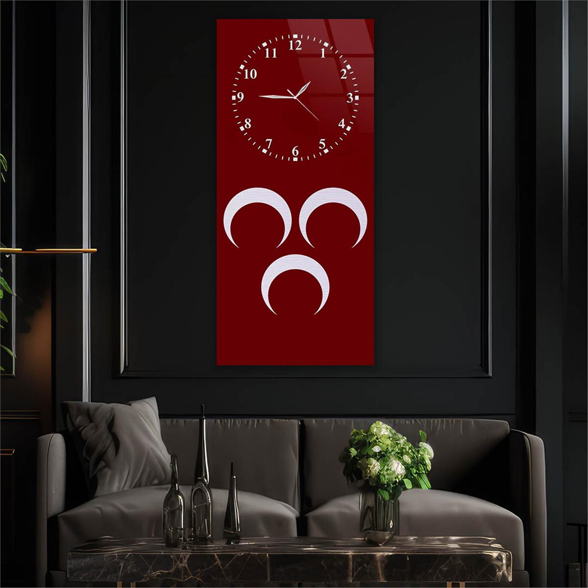 Dikey Üstten Saatli Vatan Temalı Cam Tablo 041