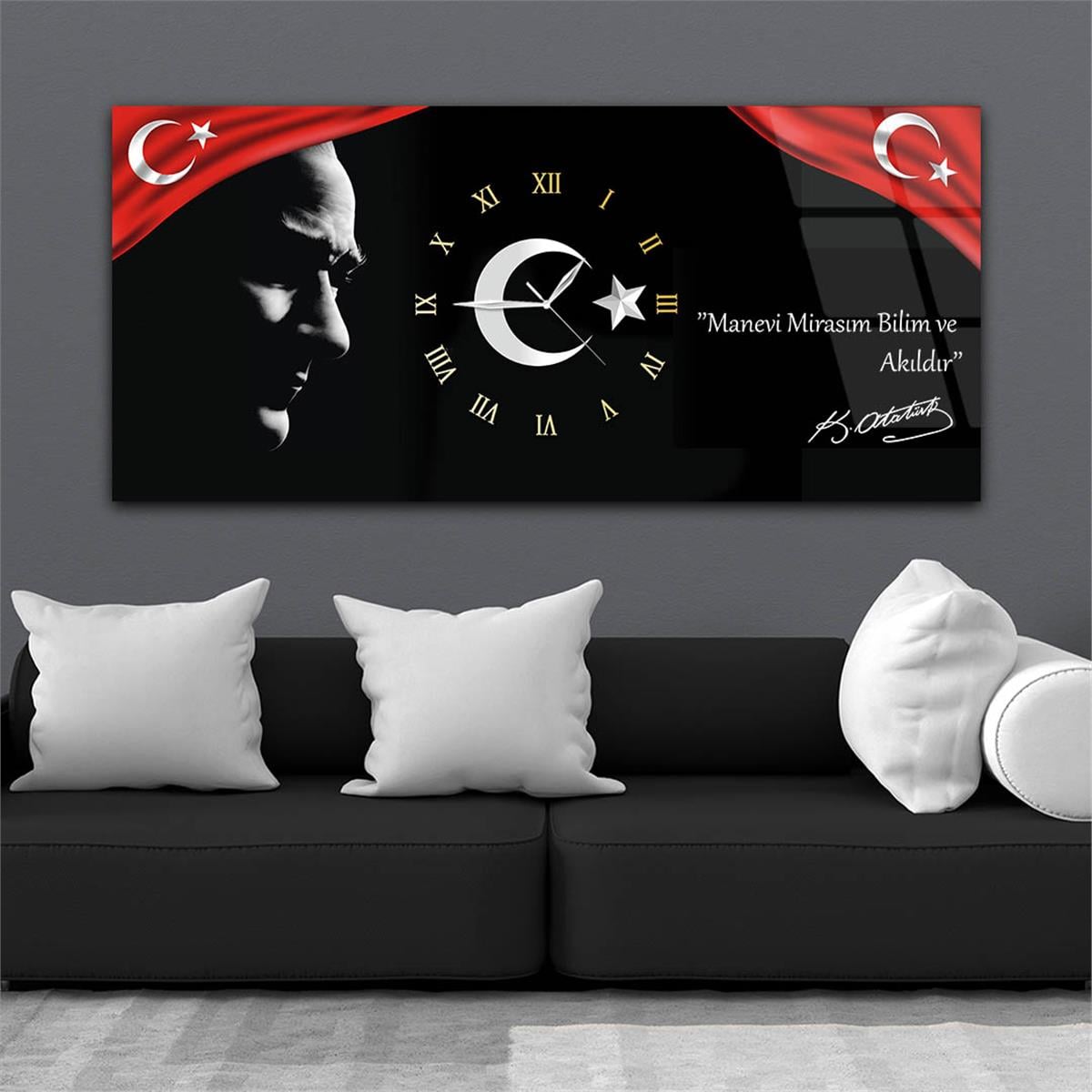 Yatay Ortadan Saatli  Vatan Temalı Cam Tablo 018