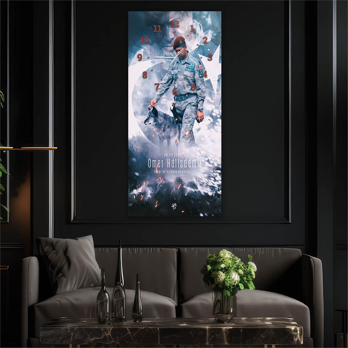 Vertical National Themed Glass Wall Art with Clock at the Top 034