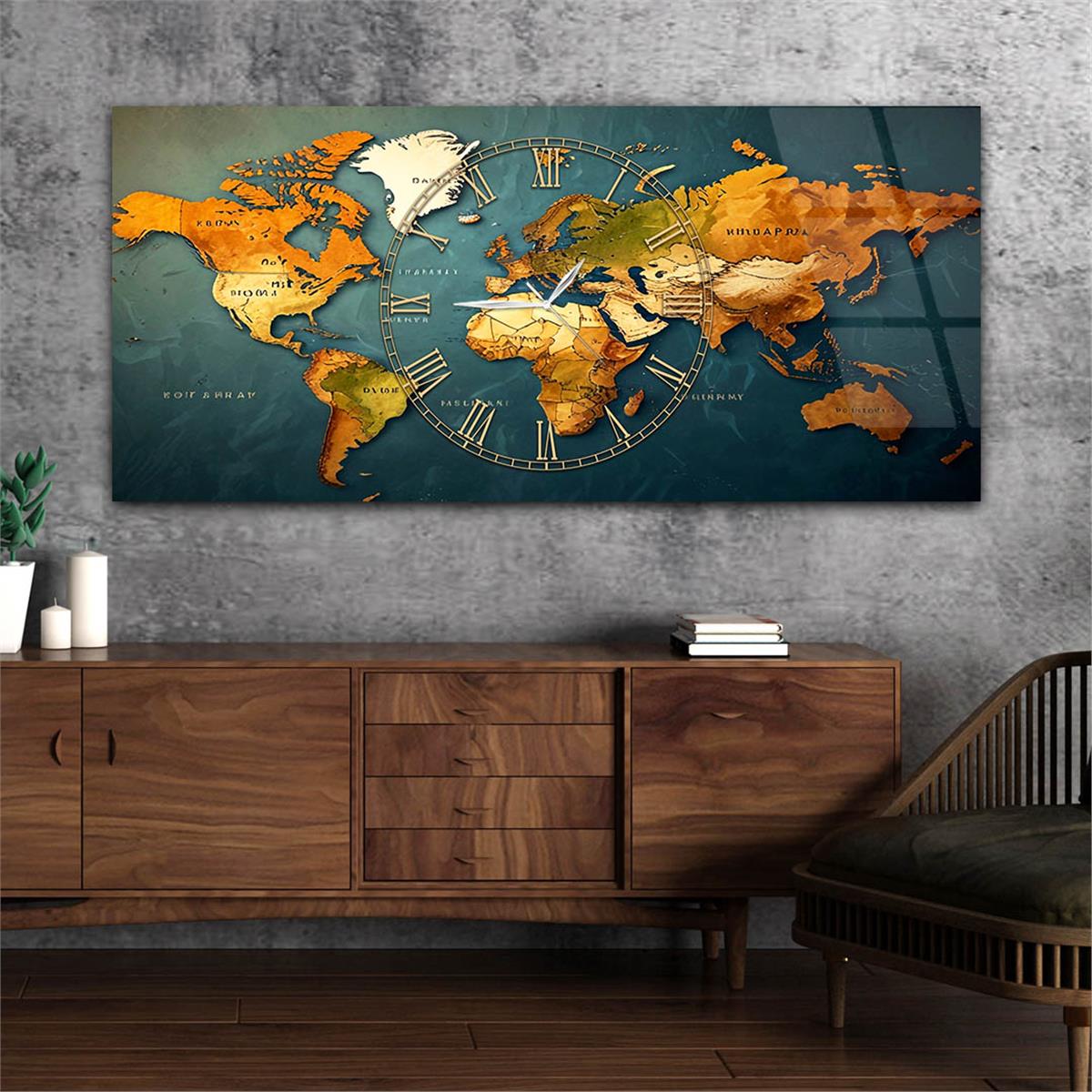 Yatay Saatli Ortadan Vatan Temalı Cam Tablo 117