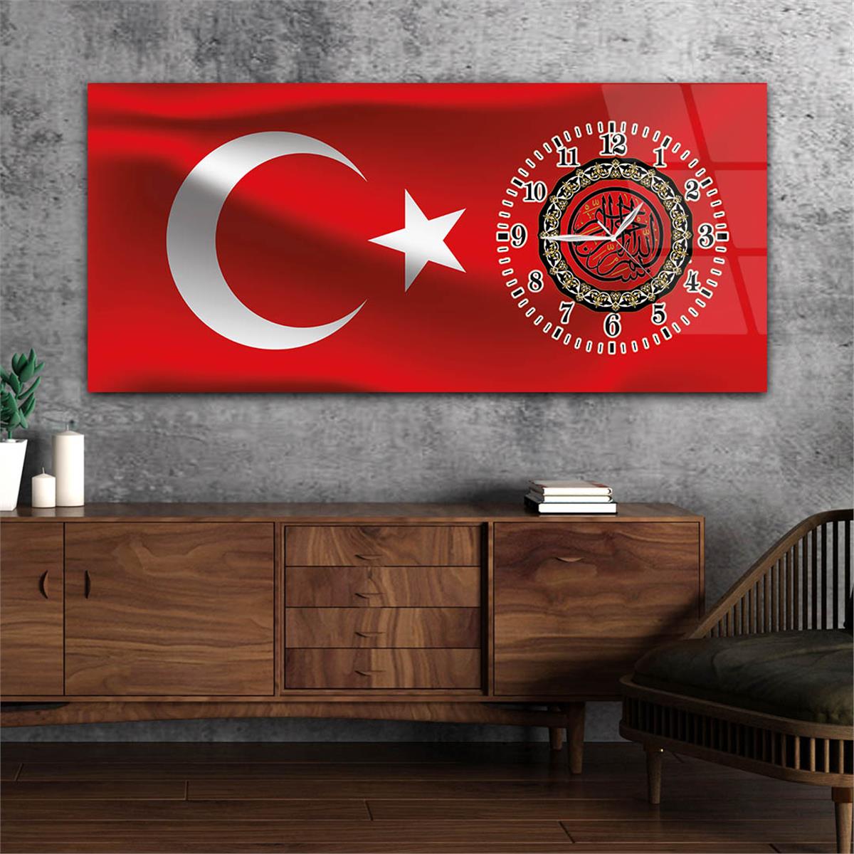 Yatay Saatli Yandan Vatan Temalı Cam Tablo 012