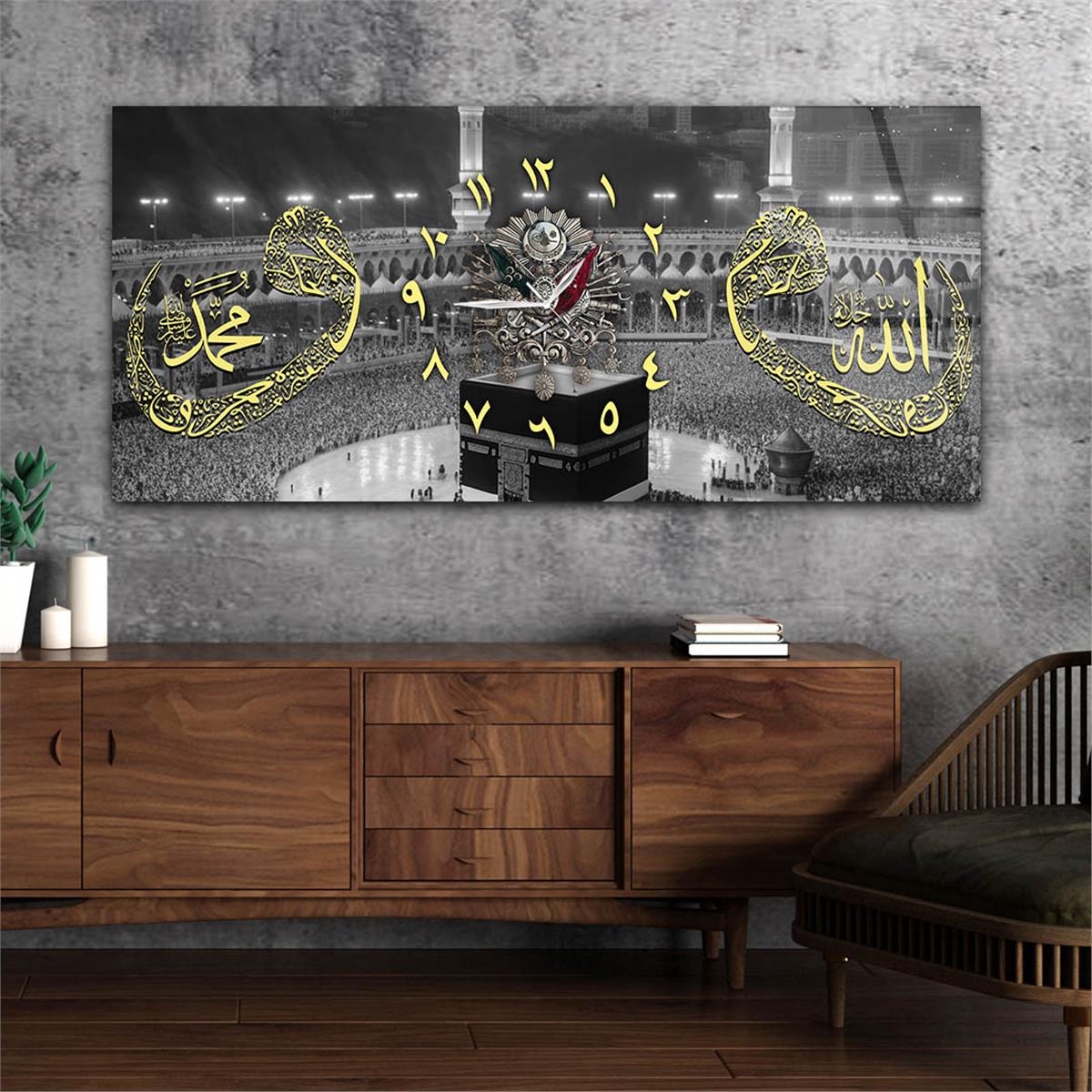 Yatay Ortadan Saatli  Dini Temalı Cam Tablo 100